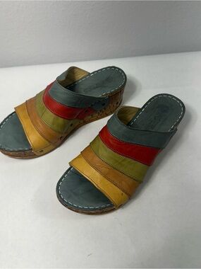Multicolor Leather Wedge Slide Sandals - Women Pavers Women's Shoes Size 8.5
